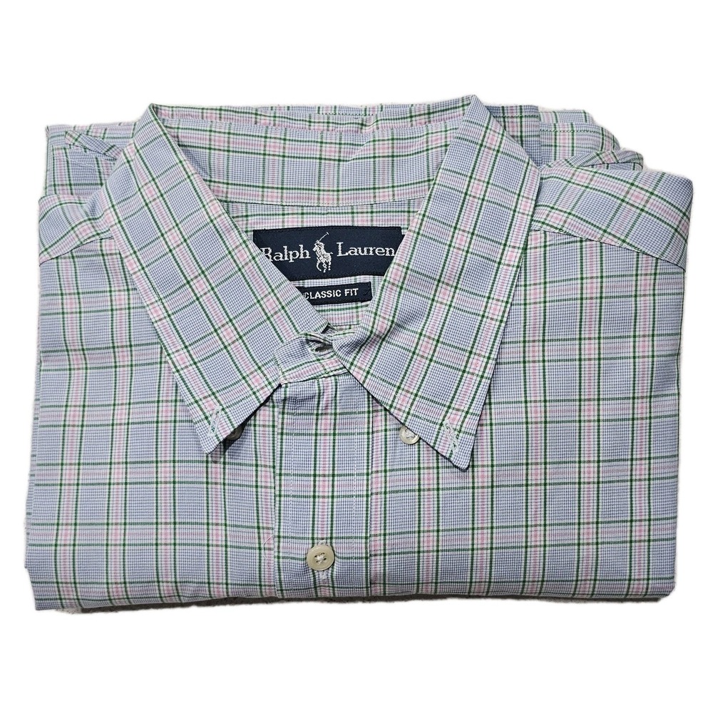 Ralph Lauren Button Down Mens 17 34/35 Blue Check Long Sleeve Cotton Pink Pony